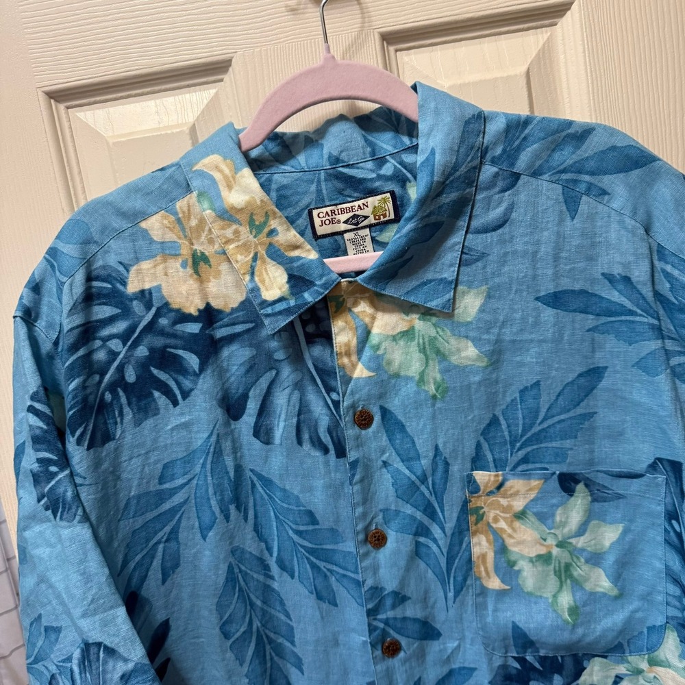 Caribbean Joe Shirt Mens XL Blue 100% Linen Tropical Hawaiian Casual Camp Beach